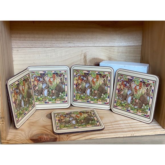 VTG 6 Pimpernel Pictorial Country Rabbits Garden Scene Coasters Made in England - Picture 1 of 10